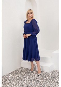 Resim Livanomi Kare Yaka Büyük Beden Mavi Abiye Elbise Çok Renkli 