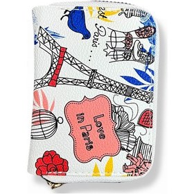 Resim Paris Temalı Baskılı Mini Cüzdan, Fermuarlı, Kartlık Ve Para Bölmeli, Beyaz Çok Renkli 