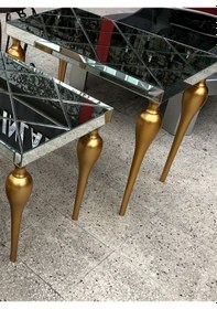 Resim Zigon TOMBUL ayak Model Kayın Torna MDF tabla Parlak gold Boya İskelet Çizgili Füme cam Kaplama El Yapımı 