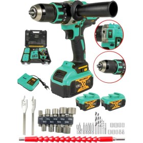Resim 128V 10AH Darbeli Şarjlı Matkap Seti, Çift Akülü, Metal Şanzıman, Vidalama, 39 Parça 