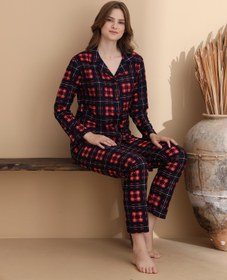 Resim ELİTOL Ekose Desen Süet Örme Uzun Kol Anne-Kız Düğmeli Pijama Takımı 