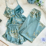Resim Kadınlar için V Yaka Baskılı Rahat Kamisol Şort ve Pantolon Pijama Takımı 3 parça 