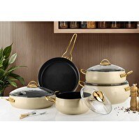 Resim Lines 9 Parça Seramik Güveç Tencere Seti Altın Kulp - 152.4.07.091-Krem 