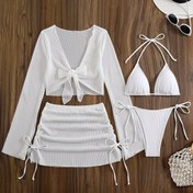 Resim 25SS Yaz Trendi Yeni Avrupa ve Amerikan Tarzı Klasik Dört Parça Tek Renk Örtü Etekli Bikini Mayo Kadınlar İçin 