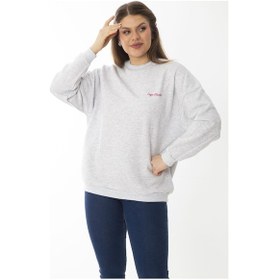 Resim Kadın Büyük Beden Gri İçi Şardonlu Nakış Detaylı Sweatshirt65n37008-gri Gri 
