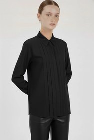 Resim Siyah Pilise Detaylı Kadın Gömlek - SİYAH / 36 
