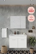 Resim BALNEOM Banyo Defne 80cm %100 Mdf Banyo Dolabı Aynalı Dolaplı Üst Dolap Lavabo 