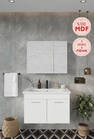 Resim BALNEOM Banyo Defne 80cm %100 Mdf Banyo Dolabı Aynalı Dolaplı Üst Dolap Lavabo 