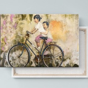 Resim Bisiklet Çocukları Grafiti Sokak Sanatı Kanvas Tablo (7 Farklı Ölçü) 70x100cm 