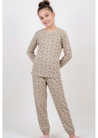 Resim Breeze Kız Çocuk Pijama Takımı Çiçek Desenli Beli Paçası Lastikli 9-12 Yaş, Bej 