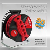 Resim SARA Profesyonel 50 Metre Plastik Makaralı Seyyar Cca Kablo 4 Priz Monofaze Uzatma 3x2,5 mm Kablo 