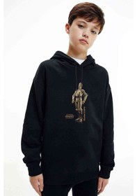 Resim C3Po Baskılı Unisex Çocuk Kapüşonlu Siyah Sweatshirt 