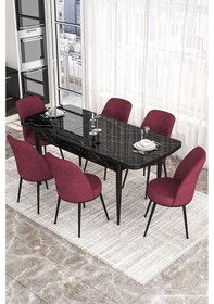 Resim Canisa Kor Serisi, Siyah Mermer Desen 70x114 Açılabilir Yemek Masası Takımı, 6 Sandalye Masa Siyah Mermer Desen Sandalye Bordo 
