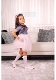 Resim Tütü Etekli Bebe Yaka Modelli Özel Gün Ve Geceler İçin Kız Çocuk Tüllü Elbise Laci-pembe Lacivert - Pembe 