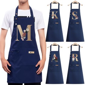 Resim 1 adet altın çiçek harfli mavi önlük, ayarlanabilir omuz askıları ve büyük ceplerle, yemek pişirme, bahçe işleri, boyama, fırın işi için profesyonel önlük - Sevgililer Günü/hediye verilmesi için gerekli 