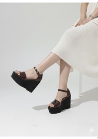 Resim Asmi Shoes Kadın Dolgu Topuklu Kahverengi Kırışık Rugan Ayakkabı Rahat Yüksek Topuklu 11cm Kahverengi 