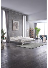 Resim Falez-st Çift Kişilik Metal Karyola-beyaz Yüksek Başlıklı Ahşap Latalı 