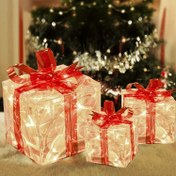 Resim 3'lü Noel Işıklı Hediye Kutuları Seti, Şeffaf Sıcak Beyaz Işıklı Noel Kutusu Süslemeleri, Noel Ağacı, Bahçe, Ev için Kırmızı Fiyonklu Hediye Kutuları, Dış Mekan Noel Süslemeleri 