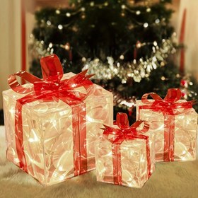 Resim 3'lü Noel Işıklı Hediye Kutuları Seti, Şeffaf Sıcak Beyaz Işıklı Noel Kutusu Süslemeleri, Noel Ağacı, Bahçe, Ev için Kırmızı Fiyonklu Hediye Kutuları, Dış Mekan Noel Süslemeleri 