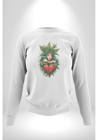 Resim Kalp Parmak Kız Yeşillik Mutluluk Unisex Beyaz Baskılı Sweatshirt Beyaz 