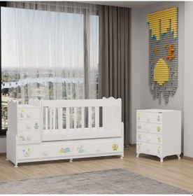 Resim Melina Uzayan Mdf Çıtalı Beşik Ve Şifonyer - Ayıcık Beyaz 