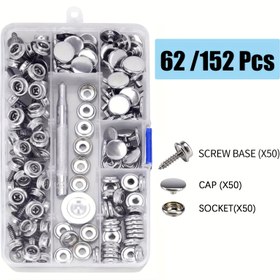 Resim 152 parça/62 parça Kanvas Çıtçıt Seti, Metal Vidalı Deniz Kalitesinde 3/8" Manşon Paslanmaz Çelik Kapak ve Paslanmaz Çelik Vidalar, Tekne Örtüsü Mobilyaları için Ayar Aletli Depolama Kutusu Dahil 