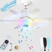 Resim Bir Akıllı RGB Gökkuşağı Müzik Ritmi Hoparlör Soket Fan Işığı, 18.5 İnç Vida Tavan Fanı Işıklar ve Uzaktan Kumanda ile, Kolay Kurulum için E26/E27 Taban, Zamanlanmış Tavan Fanı 6 Bıçaklı, 3 Hızlı Rüzgar ve 3 Renkli Ayarlanabilir LED Işıklar 3000-6500K Arası, Yatak Odaları için Uygun, E27 Uzatma Soketi ve Dişli Taban ile Donatılmış, Mutfaklar, Oturma Odaları, Depolama Odaları, Garajlar, Partiler ve Oyun Odaları için. 