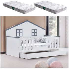 Resim Yavrulu Karyola, Bello Yavrulu Montessori Yatak - Gri + 2 Adet Comfort Yatak 