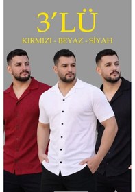 Resim Erkek Waffle Dokuma Açık Yakalı Düğmeli Regular Kalıp 3 Lü Gömlek Seti - Siyah, Kırmızı, Beyaz Siyah-kırmızı-beyaz 