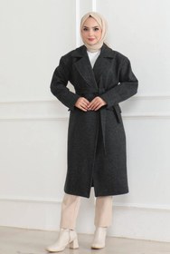 Resim DİĞER1111 Kadın Kaşe Kaban Uzun Boy 115 cm Kruvaze Yaka Kuşaklı Astarlı Tesettür Kaban Yünlü - Siyah 