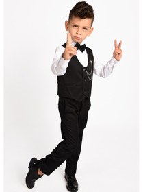 Resim Merdia Kids Erkek Çocuk Smokin Takım Elbise Gömlek, Pantolon, 6 Düğmeli Yelekli, Papyonlu, Zincirli Siyah 