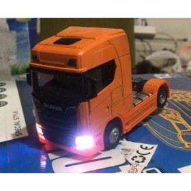 Resim metaş oyuncak Oyuncak Metal Model Işıklı Sesli Turuncu Scania Tır Çek Bırak 12 cm 