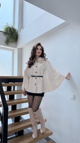 Resim Önden Düğmeli Kürk Yaka Panço Taş 