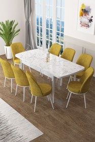 Resim Canisa Concept Zen Serisi 80x132 Mdf Açılabilir Beyaz Mermer Desen Masa Takımı Ve 8 Hardal Sandalye 
