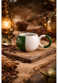 Resim Mug Yeşil Beyaz Yatay Double Türk Kahvesi Seramik Kupa Fincan Bardak 
