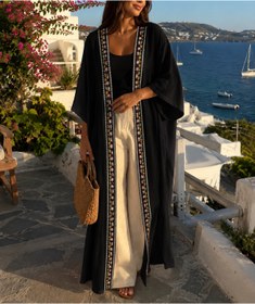 Resim Sile Atelier Siyah Kadın Nakışlı Kuşaklı Uzun Kimono Kaftan 
