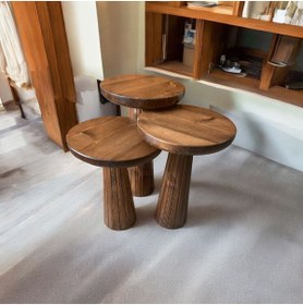 Resim Simillo Home&Living WOOD Wooden 3’lü Set Fitilli Mantar Yan Sehpa Modern Tik Ağacı Renk Fiskos 