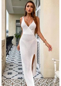 Resim Angelsin Örme Wrap Yaka Yırtmaçlı Plaj Elbisesi Pareo Beyaz 