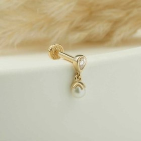 Resim Cherry By Özkonak Luna Damla Taşlı İnci Sallantılı Minimal Tragus Piercing Sarı 