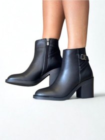 Resim Ne&ve Shoes Siyah Deri Kalın Topuklu İçten Fermuarlı Kadın Şık Ve Rahat Bot Siyah 