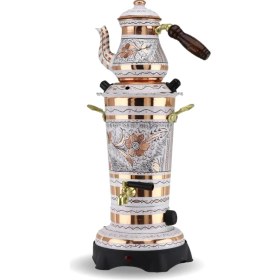 Resim Beyaz Gül Çiçek Elektrikli Isı Ayarlı Minik Bakır Semaver 