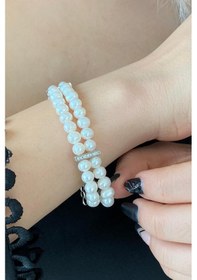 Resim 6,5 Mm Çift Sıra Doğal İnci Bileklik 19 Cm / Rose Gümüş 