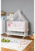 Resim Ahşap Beşik Anne Yanı Beşik Beyaz 70x130 - Pembe Yıldız 1 Yastıklı Uyku Seti + Yataklı + Tekerlekli Beyaz 