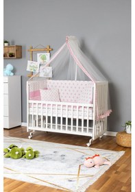 Resim Ahşap Beşik Anne Yanı Beşik Beyaz 70x130 - Pembe Yıldız 1 Yastıklı Uyku Seti + Yataklı + Tekerlekli Beyaz 