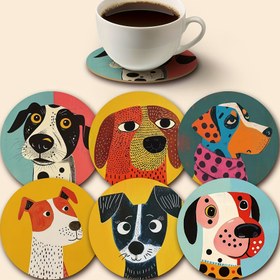 Resim 6 adet Köpek Temalı Yuvarlak Ahşap Tabak - Renkli Çizimler, Kahve ve Çay İçin Isıya Dayanıklı, Ev, Bar veya Ofis Dekoru İçin Mükemmel, İdeal Mezuniyet Hediyesi, Ofis Masası Aksesuarları | Oyuncak Köpek Tasarımı | Dayanıklı Ahşap Malzeme, Köpek Dekoru 