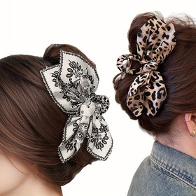 Resim 1 adet Bohem Tarzı Büyük Kumaş Fiyonk Saç Tokası - Şık Leopar Baskı & Paisley Tasarımı, Kadınlar için Vintage Esintili Saç Aksesuarı, Sevimli Saç Tokaları 