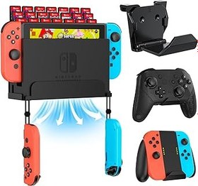 Resim KUNSLUCK Nintendo Switch için duvar askısı, 2 oyun konsolu duvar askısı ve 28 oyun kartı tutucu (siyah) 