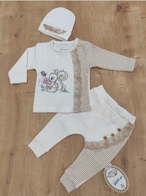 Resim Pamuklu Kız Bebek/ Çocuk 3'lü Takım - Sincap Nakışlı & Şapkalı Takım Ekru 