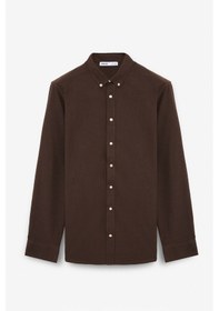 Resim Grimelange Perttu Erkek %100 Pamuk Slim Fit Dar Kesim Düğmeli Yaka Keten Görünümlü Flamlı Acı Kahve Gömlek 