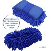 Resim Premium Mikrofiber Araba Yıkama Süngeri Bir Yüzü Makarna, Diğer Yüzü Mop Bezi Mavi 1 Adet 